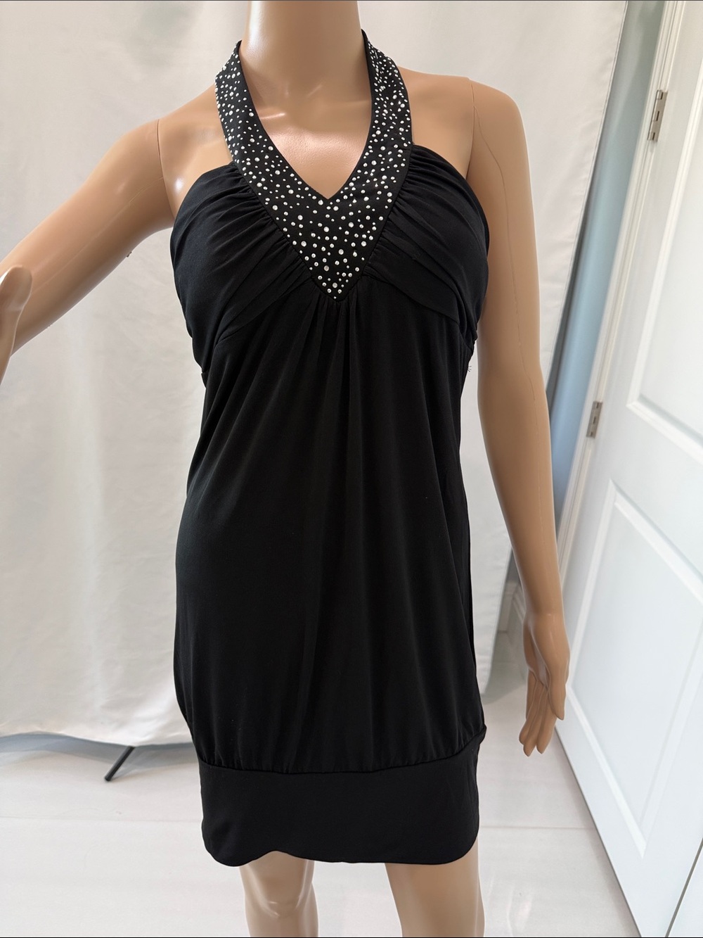 Love Teeze Black Halter Mini Dress with Rhinestone-Studded V-Neck Size M
